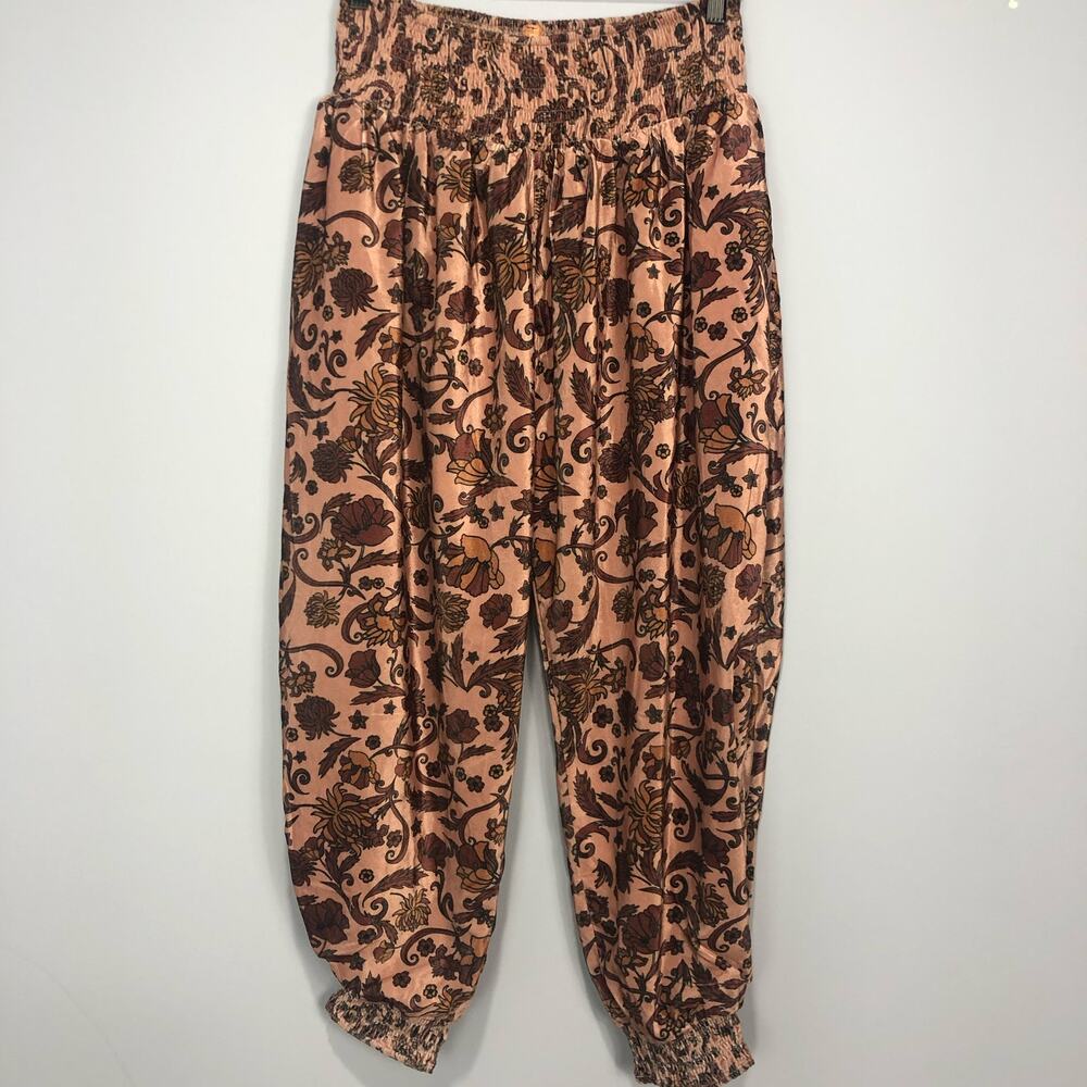 Free People Blush Floral Smocked Harem Pants Size L | Boho Festival Jogger | - Picture 2 of 11